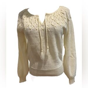 Y2K CREAM FINE KNIT SWEATER BEADED SMOCKED SHOULDERS SCOOP NECK W TIES & TASSELS